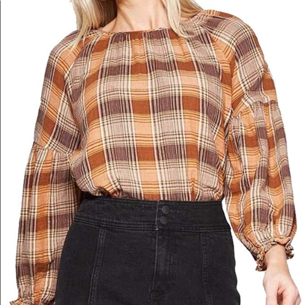 Dolman Puff Sleeve Prarie Plaid Top